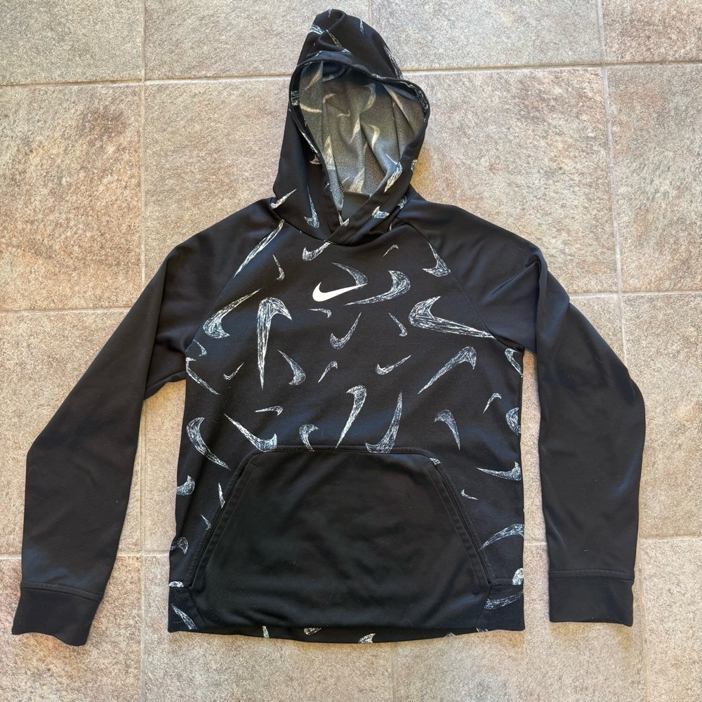 Nike Kids Dri-FIT Black Athletic Hoodie with White Swoosh